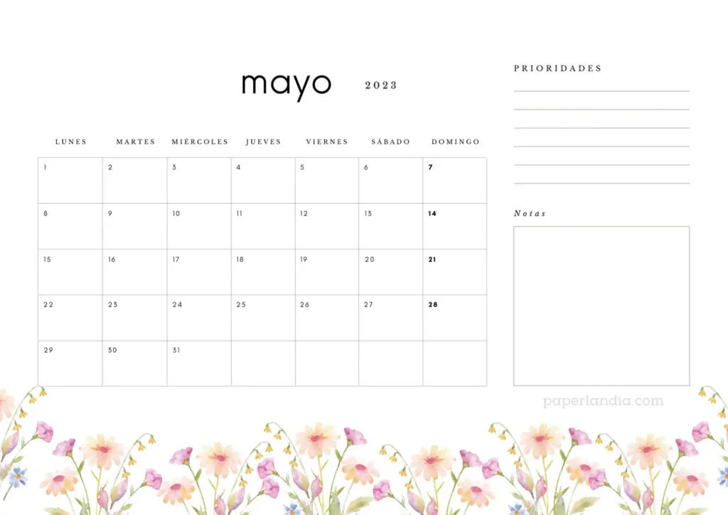 Calendario mayo 2023 horizontal con prioridades, notas y flores de campo