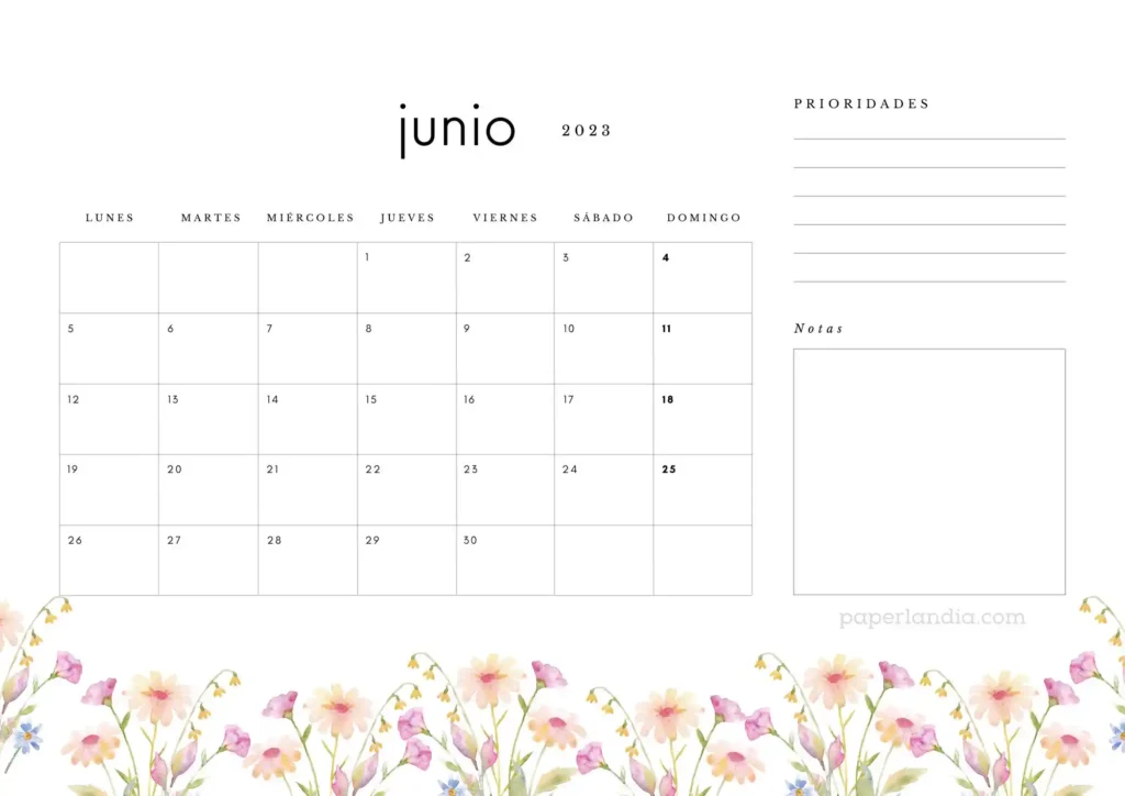 Calendario junio 2023 horizontal con prioridades, notas y flores de campo