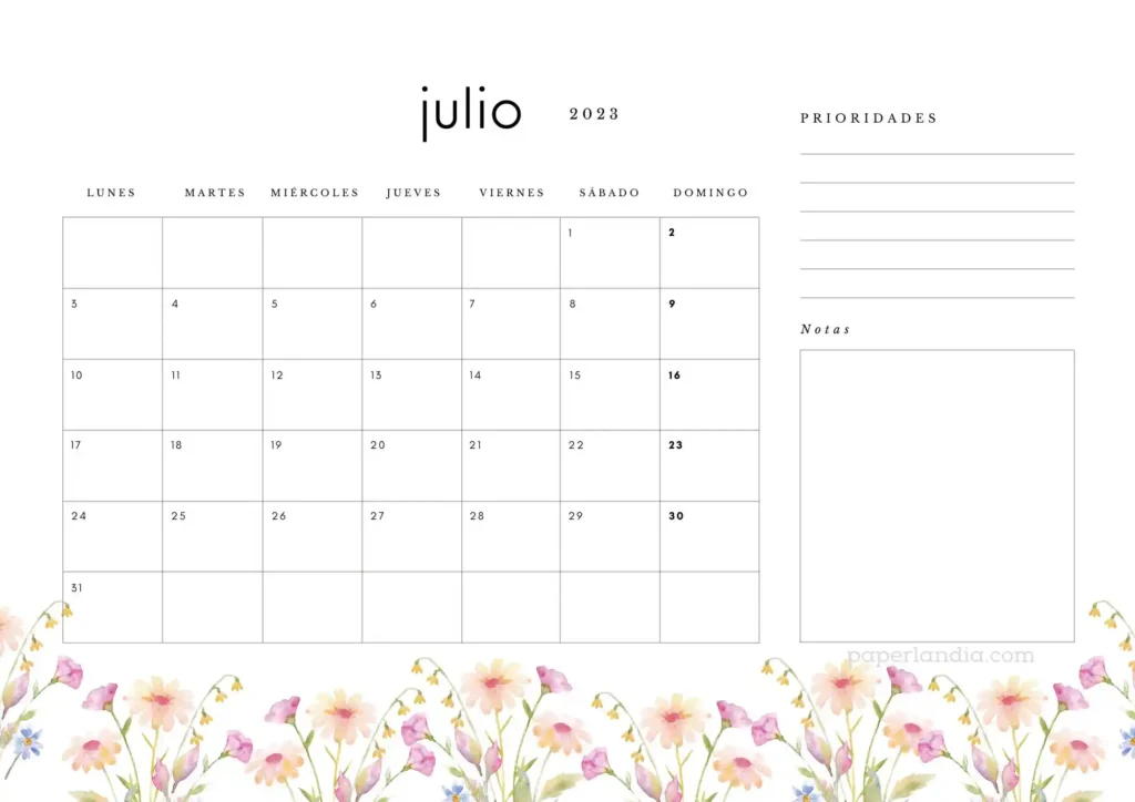 Calendario julio 2023 horizontal con prioridades, notas y flores de campo
