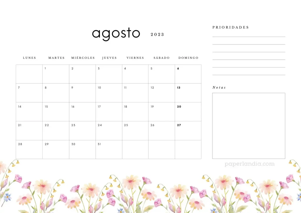 Calendario agosto 2023 horizontal con prioridades, notas y flores de campo