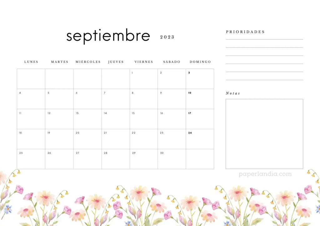 Calendario septiembre 2023 horizontal con prioridades, notas y flores de campo