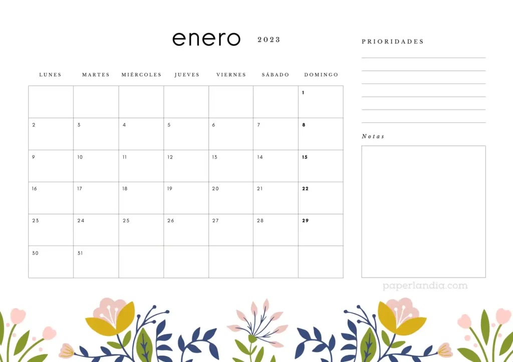 Calendario enero 2023 horizontal con prioridades, notas y flores escandinavas
