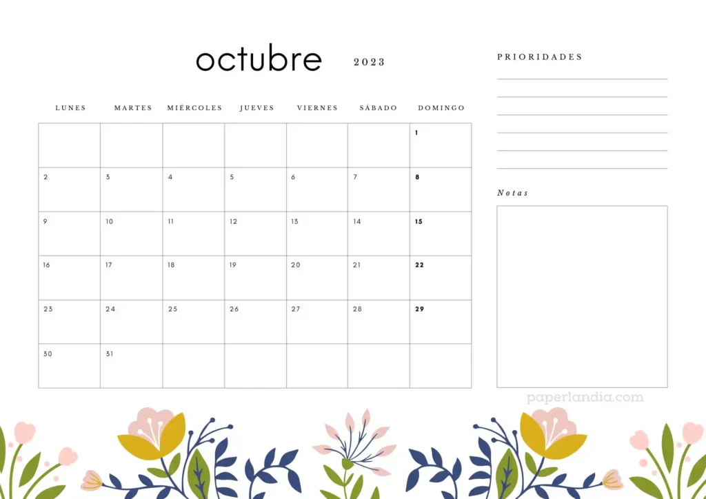 Calendario octubre 2023 horizontal con prioridades, notas y flores escandinavas