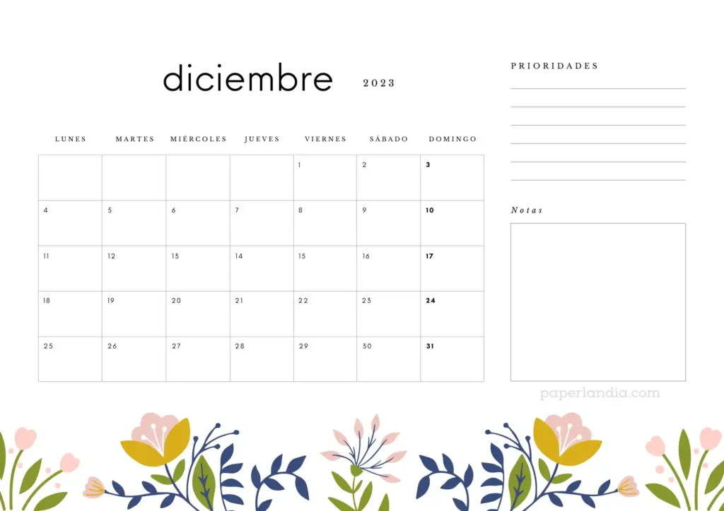 Calendario diciembre 2023 horizontal con prioridades, notas y flores escandinavas