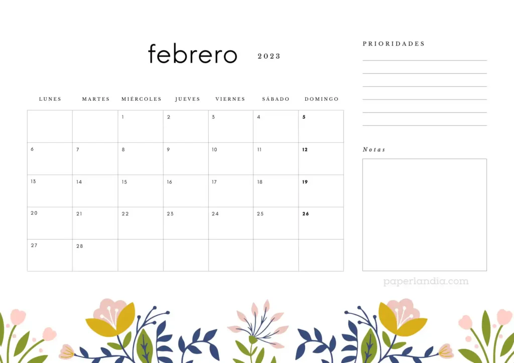Calendario febrero 2023 horizontal con prioridades, notas y flores escandinavas