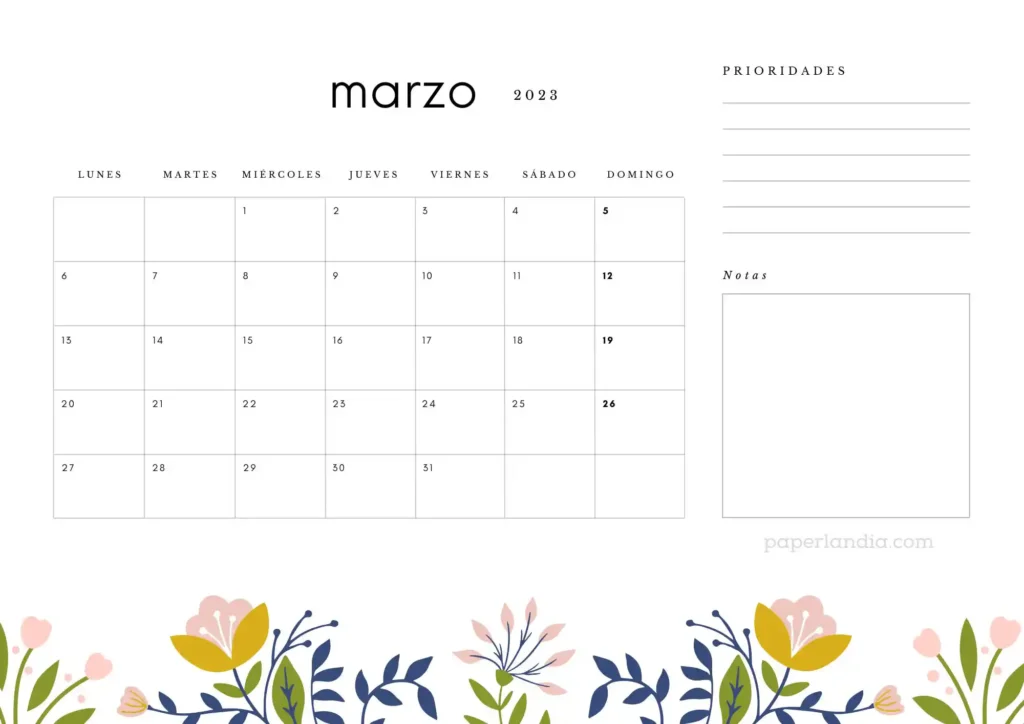 Calendario marzo 2023 horizontal con prioridades, notas y flores escandinavas