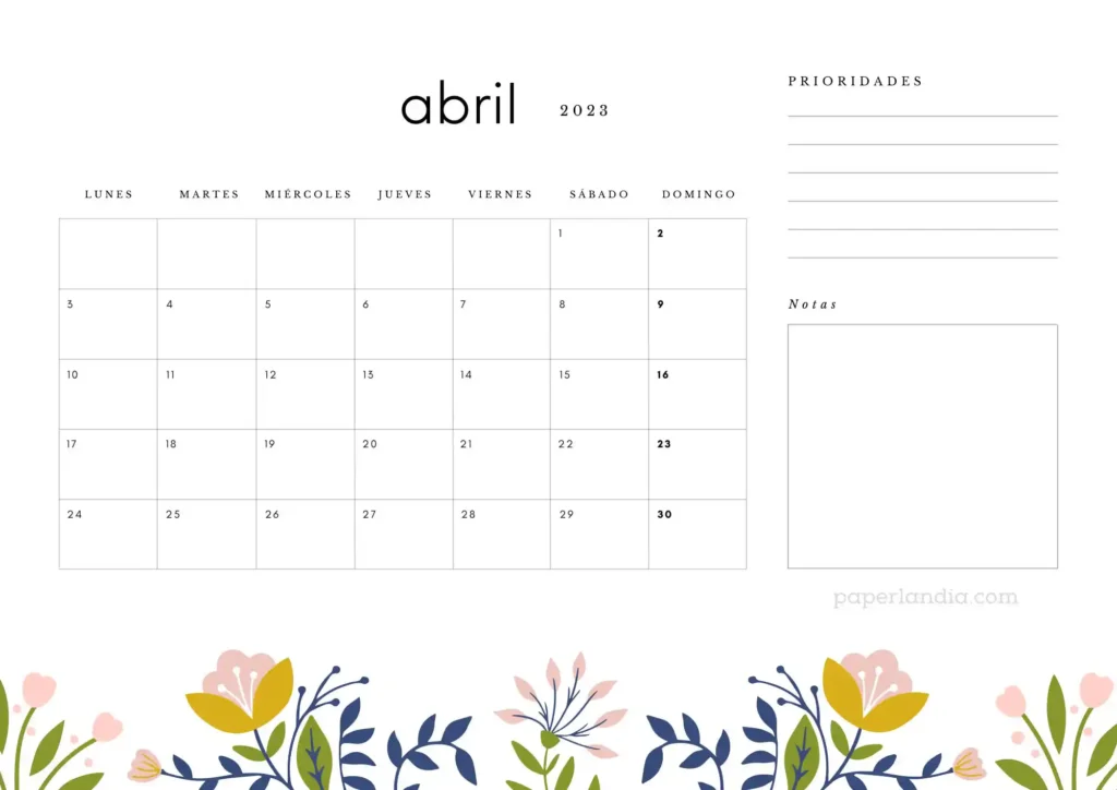 Calendario abril 2023 horizontal con prioridades, notas y flores escandinavas