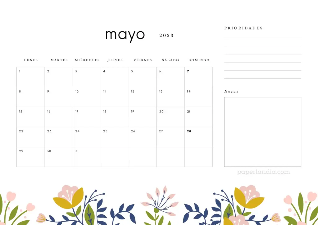 Calendario mayo 2023 horizontal con prioridades, notas y flores escandinavas