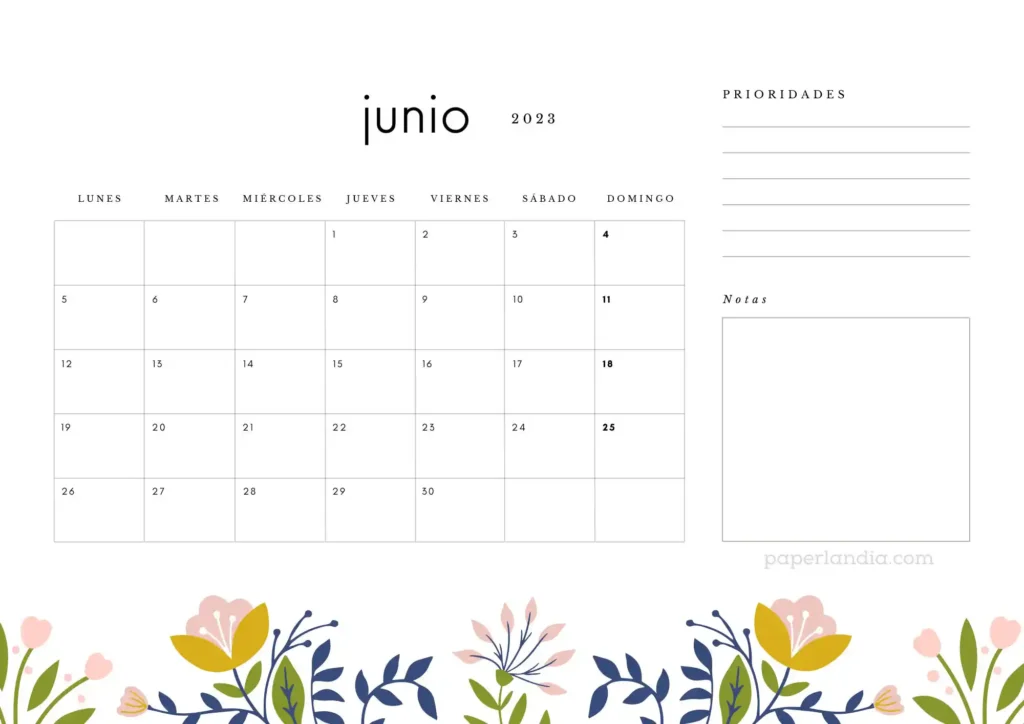 Calendario junio 2023 horizontal con prioridades, notas y flores escandinavas