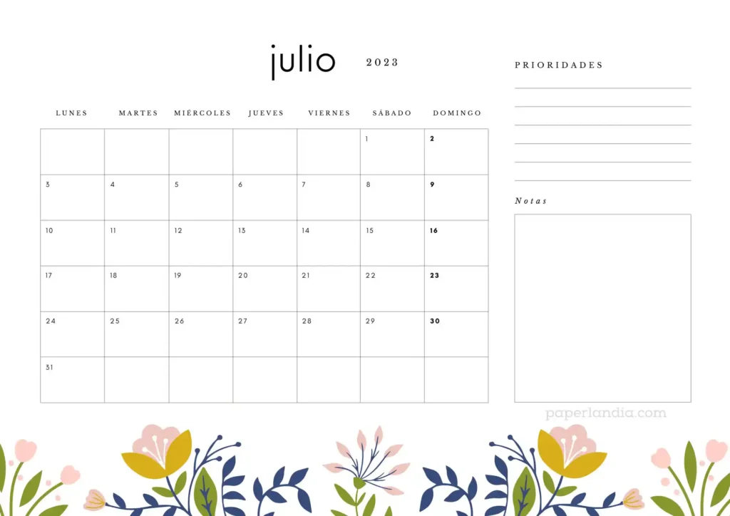 Calendario julio 2023 horizontal con prioridades, notas y flores escandinavas