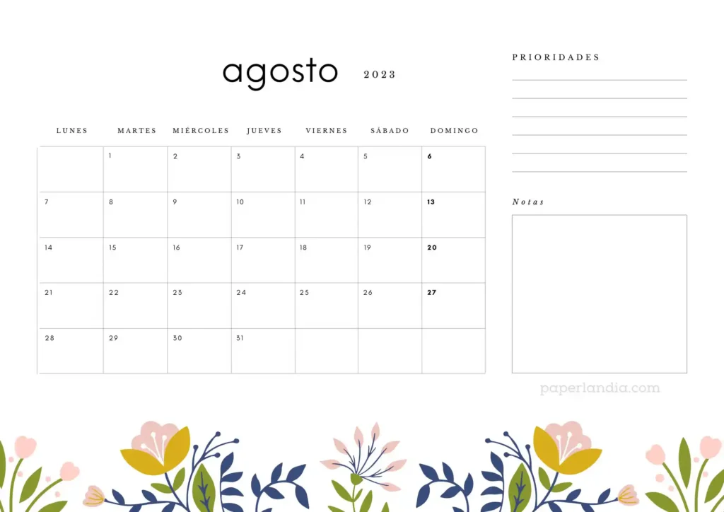Calendario agosto 2023 horizontal con prioridades, notas y flores escandinavas