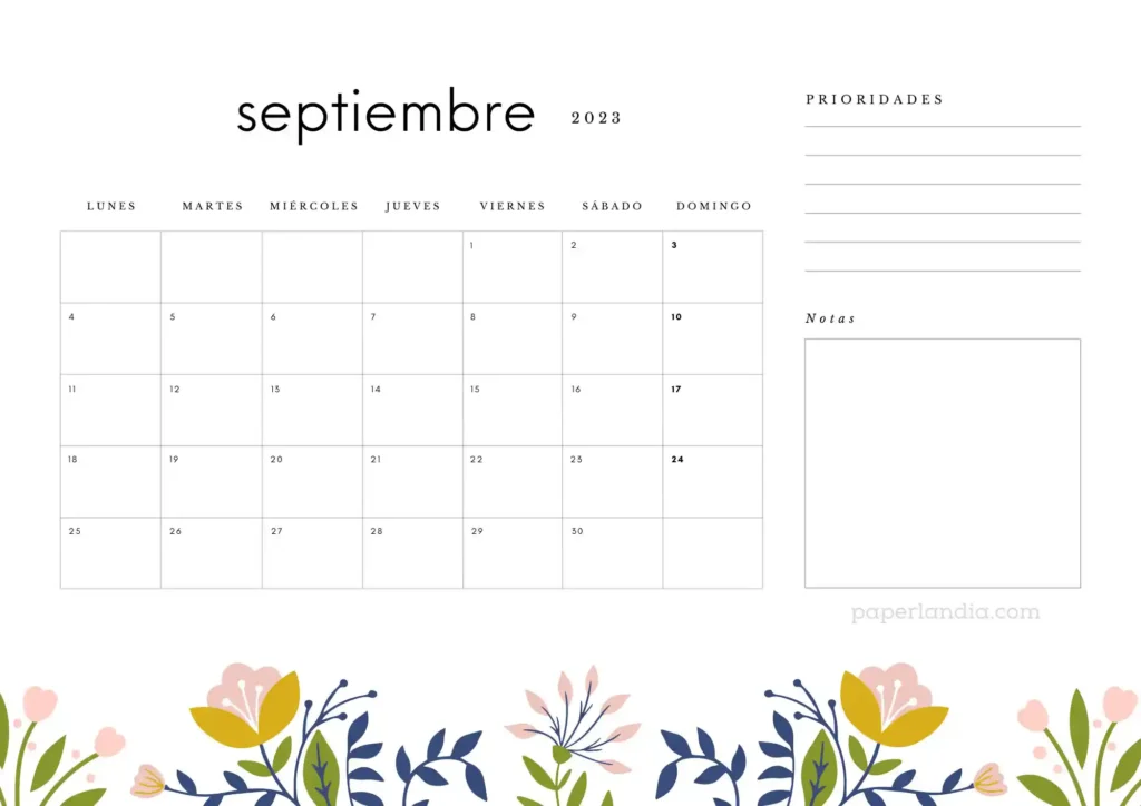 Calendario septiembre 2023 horizontal con prioridades, notas y flores escandinavas