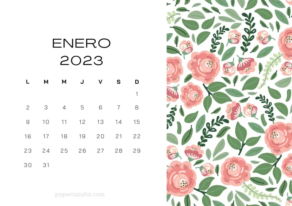 Calendario enero 2023 horizontal con rosas sobre fondo blanco