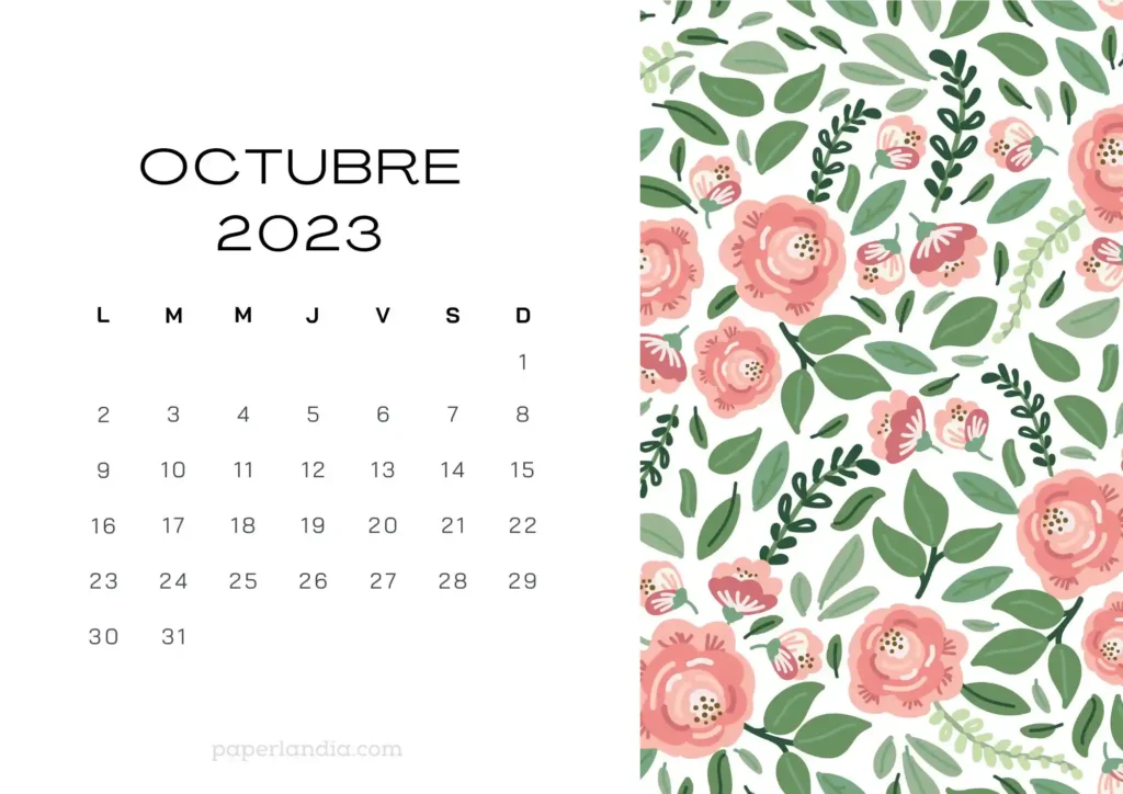 Calendario octubre 2023 horizontal con rosas sobre fondo blanco