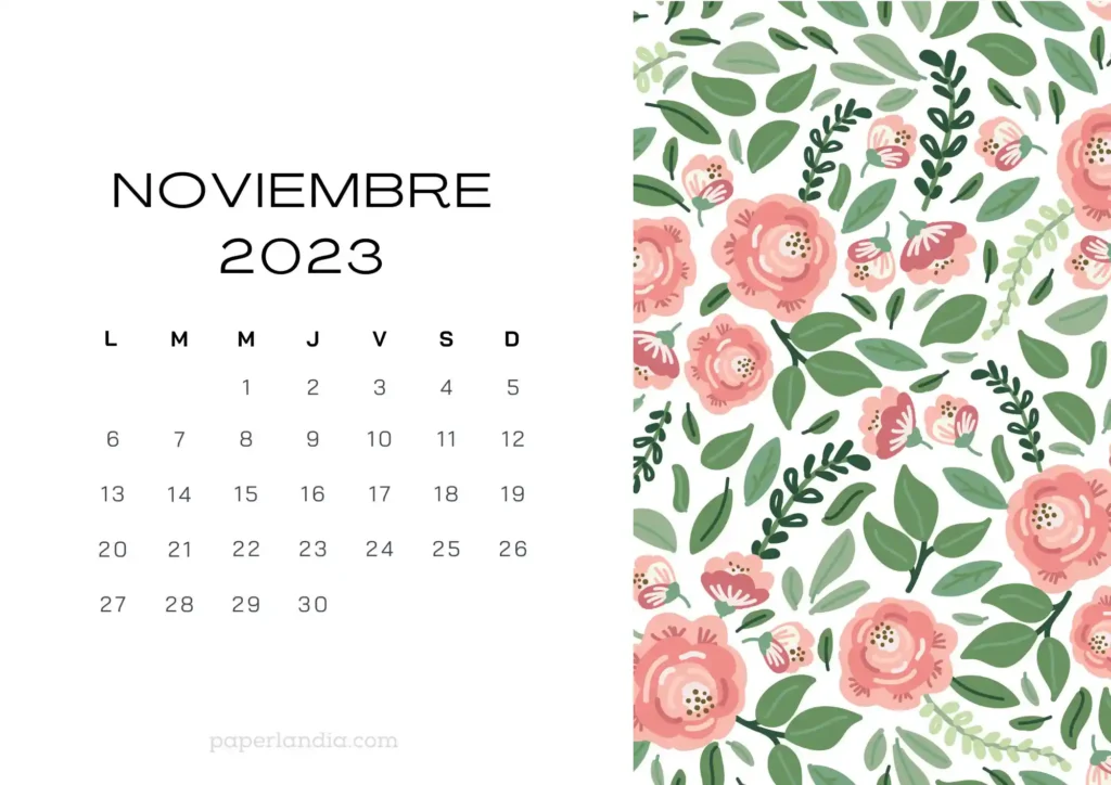 Calendario noviembre 2023 horizontal con rosas sobre fondo blanco
