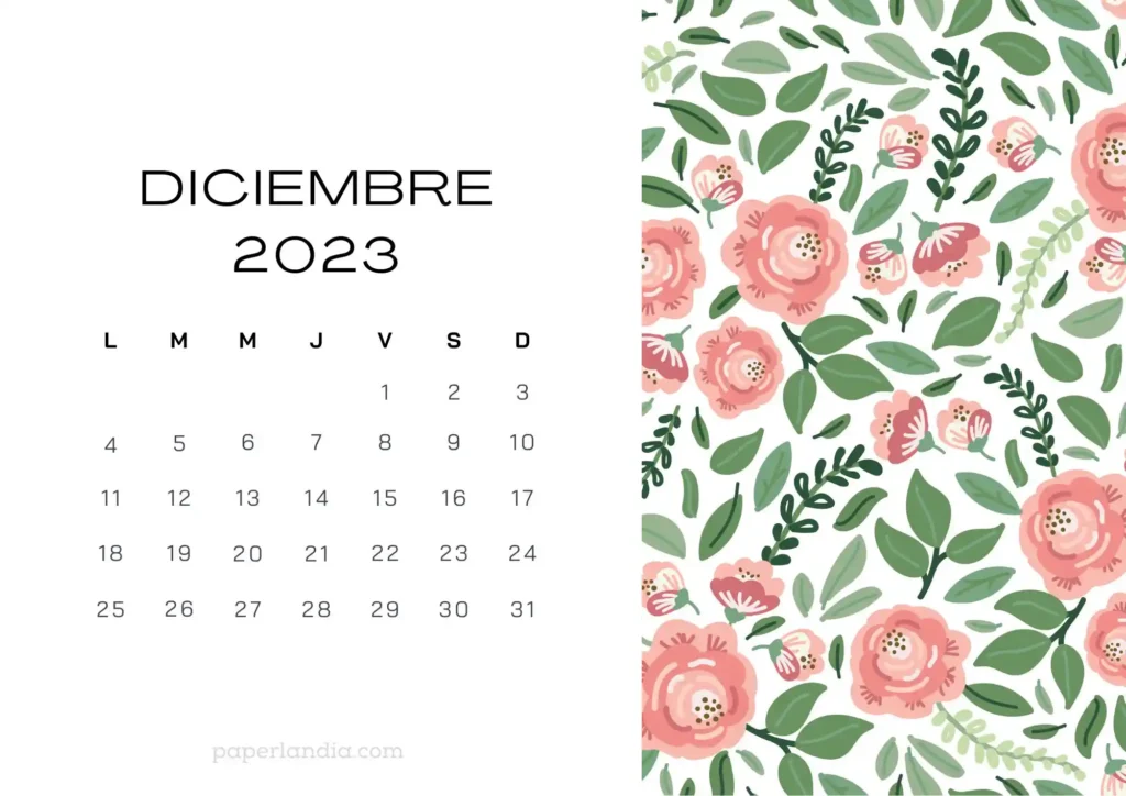 Calendario diciembre 2023 horizontal con rosas sobre fondo blanco