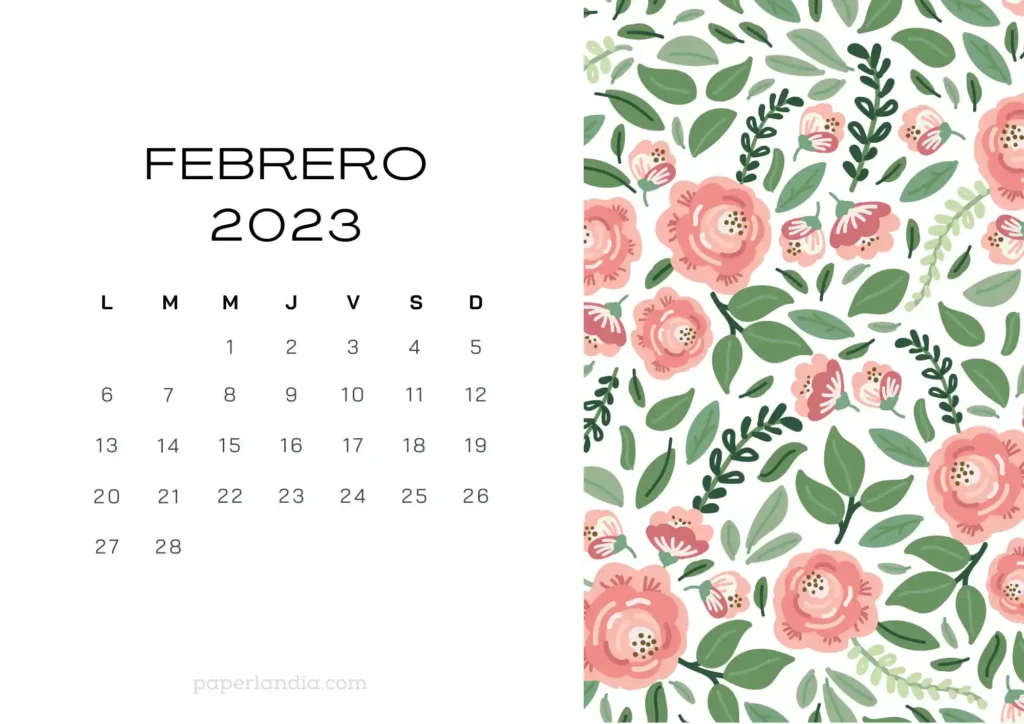 Calendario febrero 2023 horizontal con rosas sobre fondo blanco