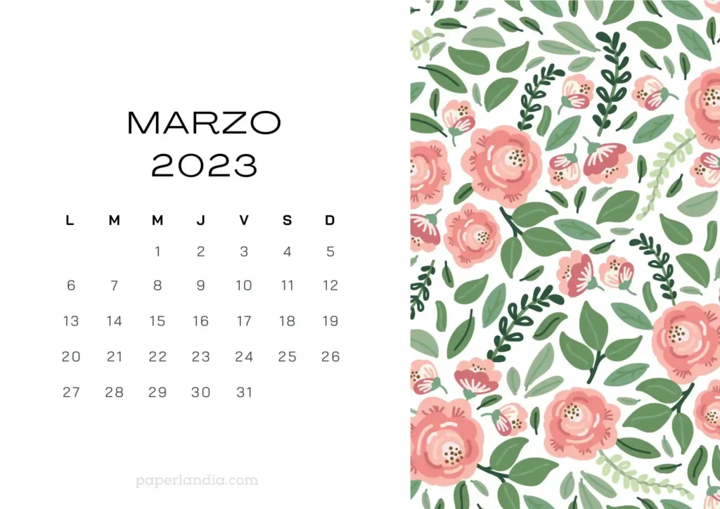 Calendario marzo 2023 horizontal con rosas sobre fondo blanco