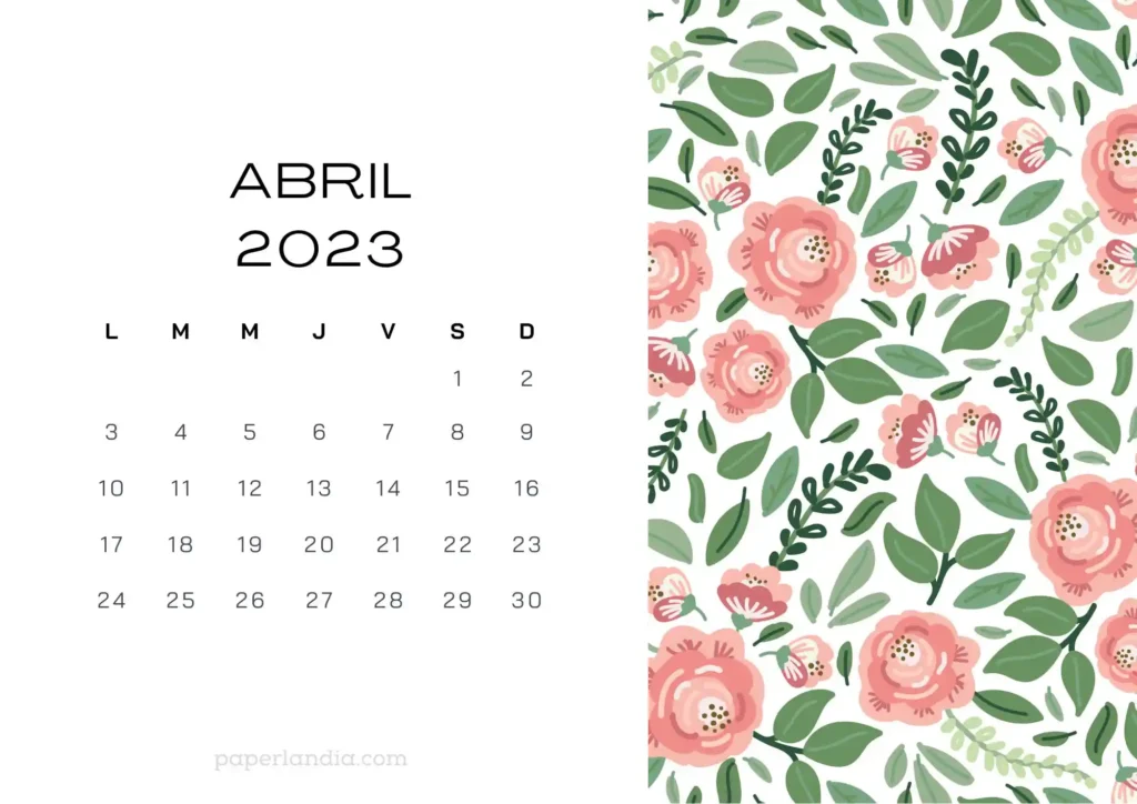 Calendario abril 2023 horizontal con rosas sobre fondo blanco