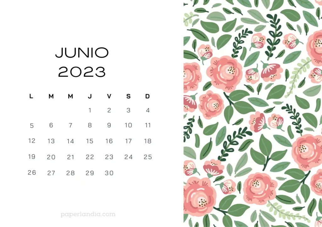Calendario junio 2023 horizontal con rosas sobre fondo blanco