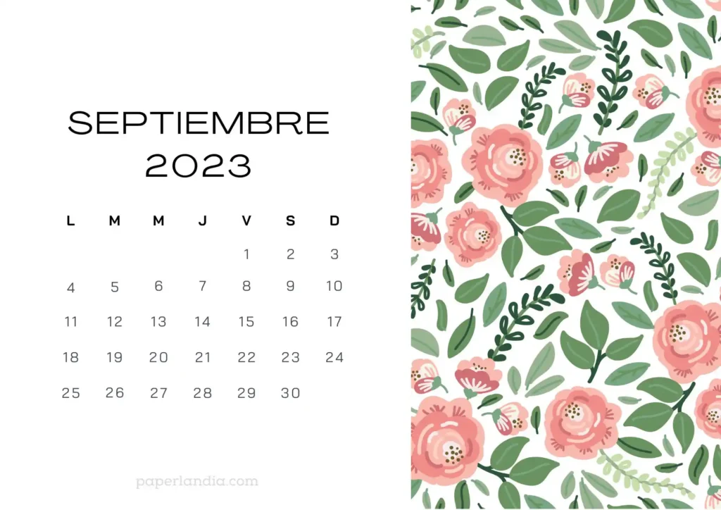 Calendario septiembre 2023 horizontal con rosas sobre fondo blanco