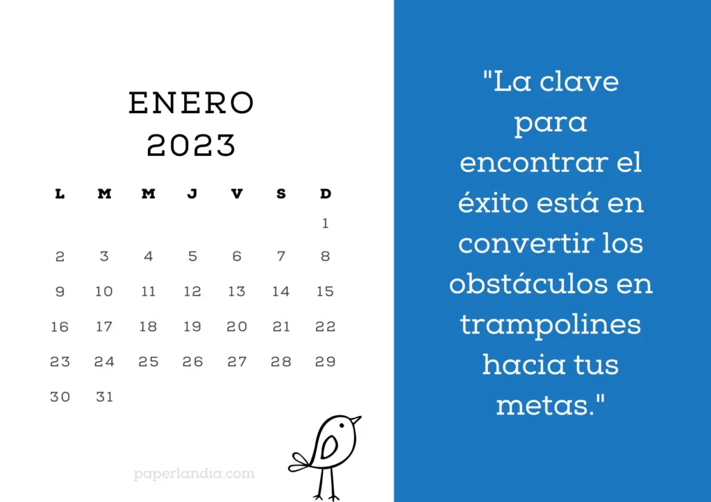 Calendario enero 2023 motivacional con pajarito y fondo azul. PDF GRATIS