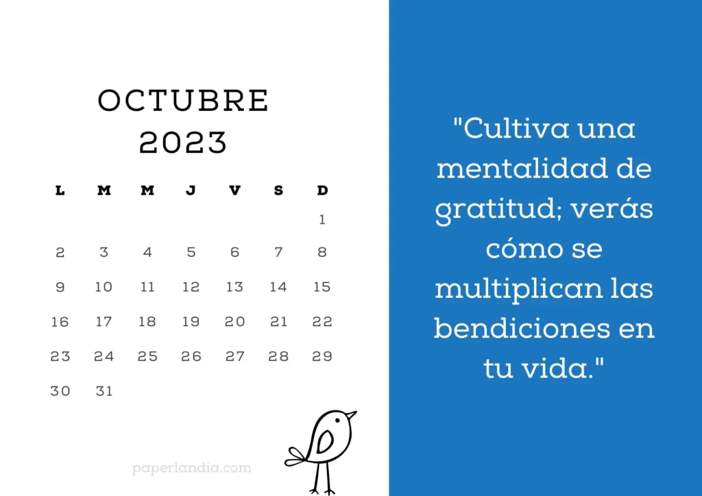 Calendario octubre 2023 motivacional con pajarito y fondo azul. PDF GRATIS