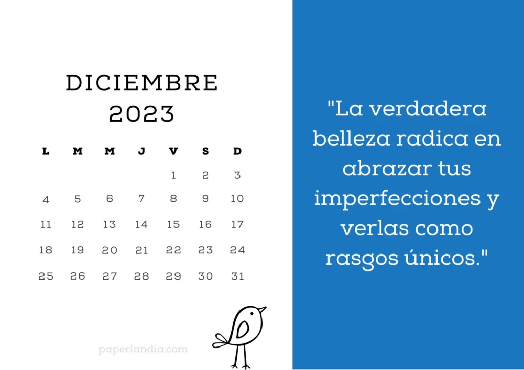 Calendario diciembre 2023 motivacional con pajarito y fondo azul. PDF GRATIS