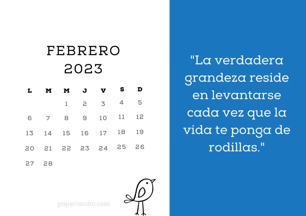 Calendario febrero 2023 motivacional con pajarito y fondo azul. PDF GRATIS