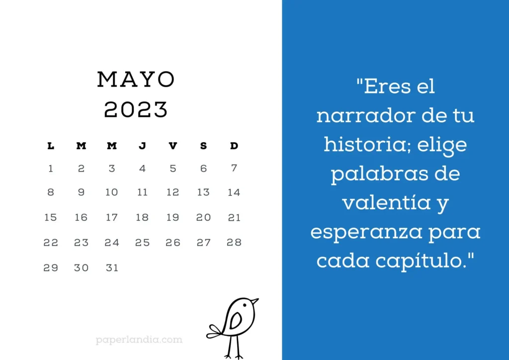 Calendario mayo 2023 motivacional con pajarito y fondo azul. PDF GRATIS