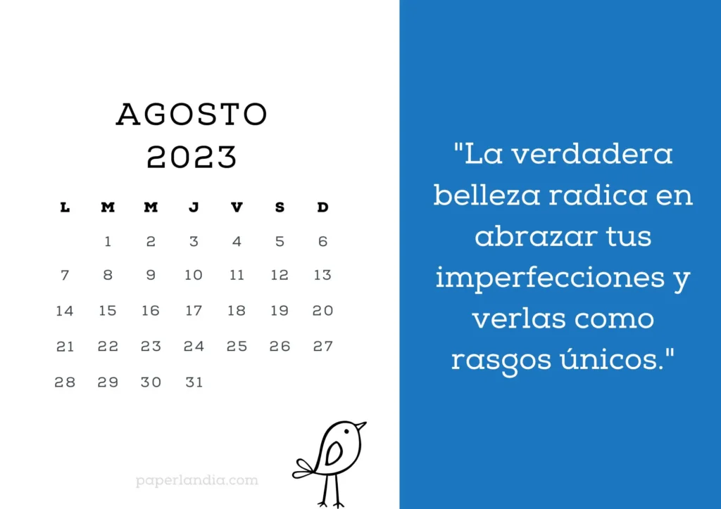 Calendario agosto 2023 motivacional con pajarito y fondo azul. PDF GRATIS