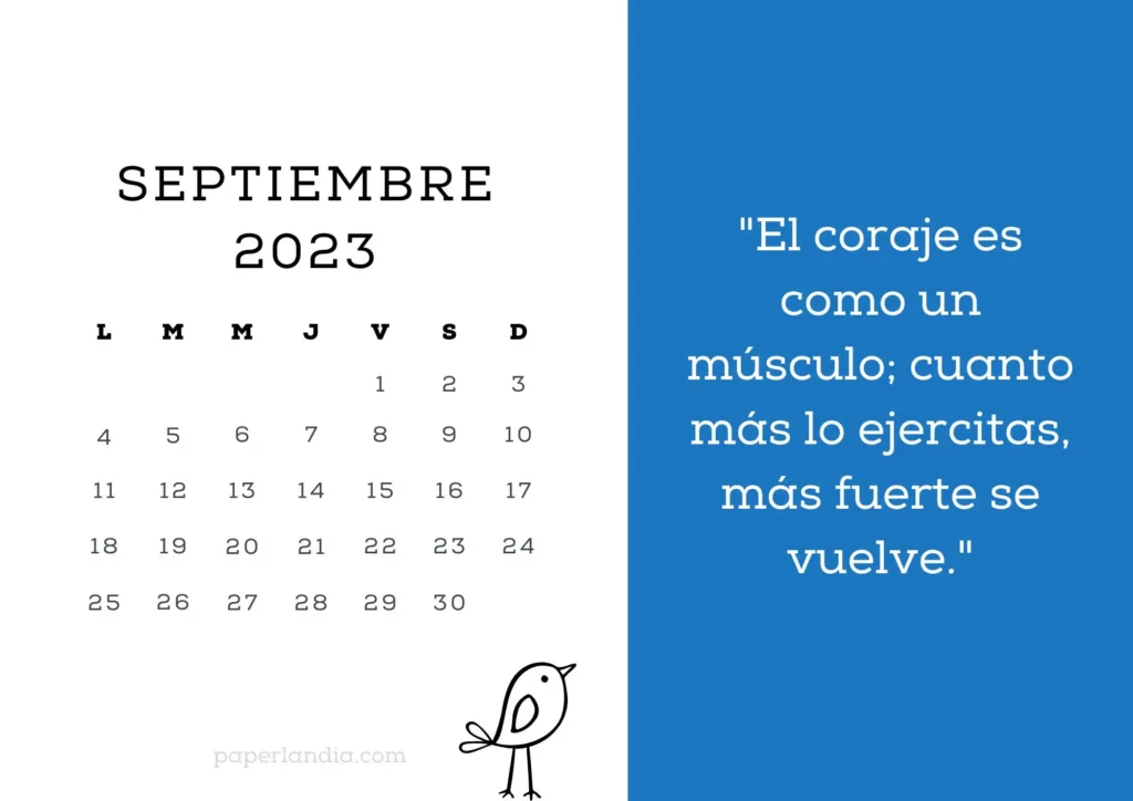 Calendario septiembre 2023 motivacional con pajarito y fondo azul. PDF GRATIS