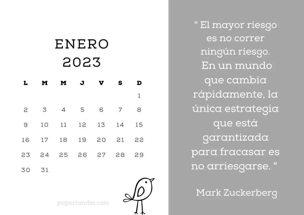 Calendario enero 2023 horizontal motivacional con fondo gris y pajarito