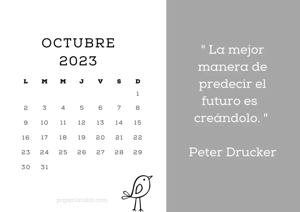 Calendario octubre 2023 horizontal motivacional con fondo gris y pajarito