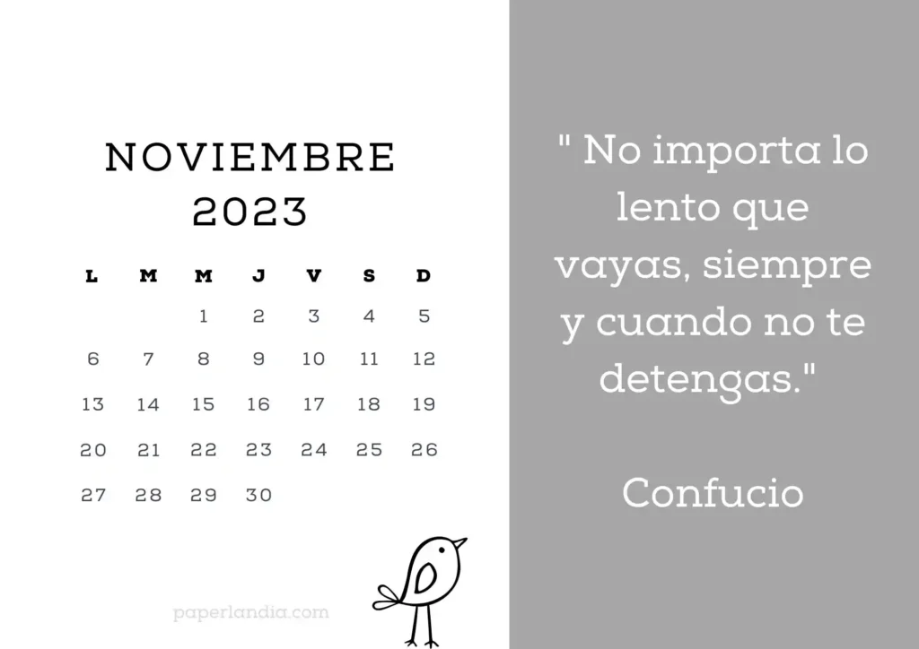 Calendario noviembre 2023 horizontal motivacional con fondo gris y pajarito