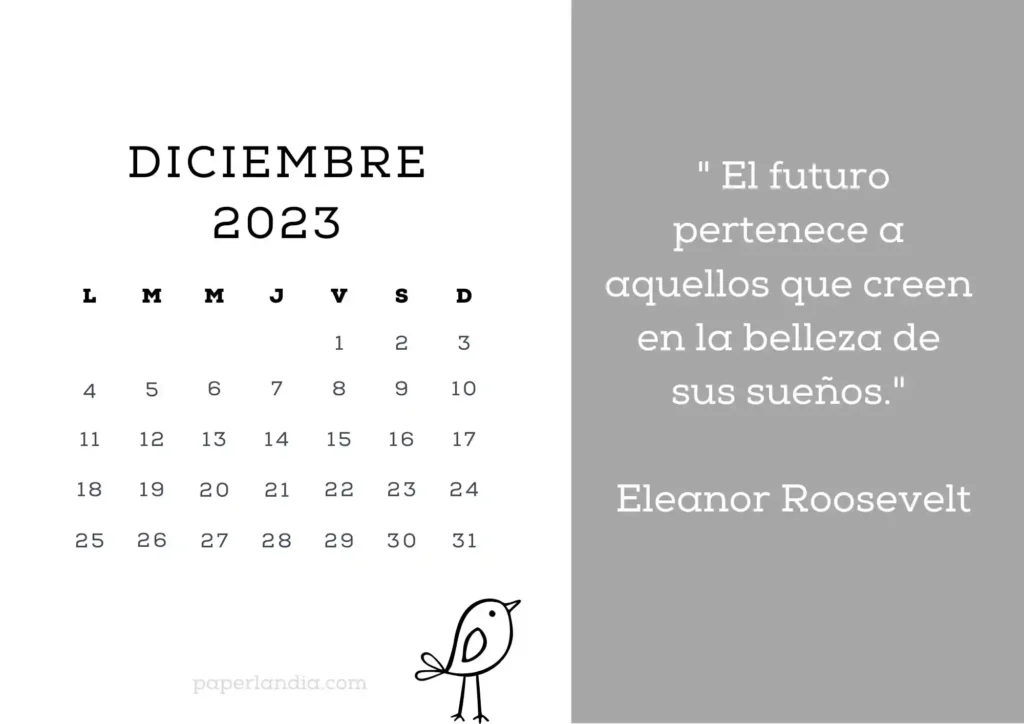 Calendario diciembre 2023 horizontal motivacional con fondo gris y pajarito