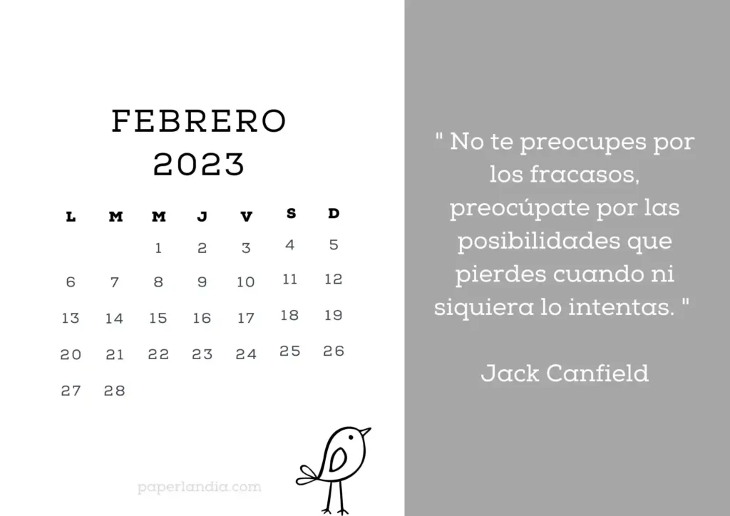 Calendario febrero 2023 horizontal motivacional con fondo gris y pajarito