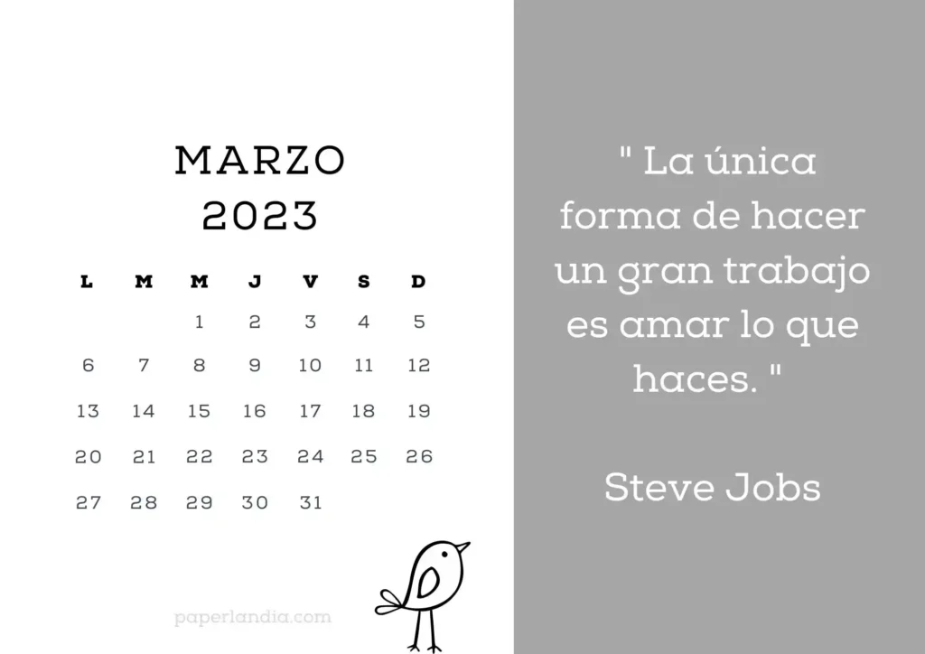 Calendario marzo 2023 horizontal motivacional con fondo gris y pajarito
