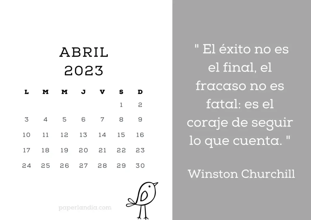 Calendario abril 2023 horizontal motivacional con fondo gris y pajarito