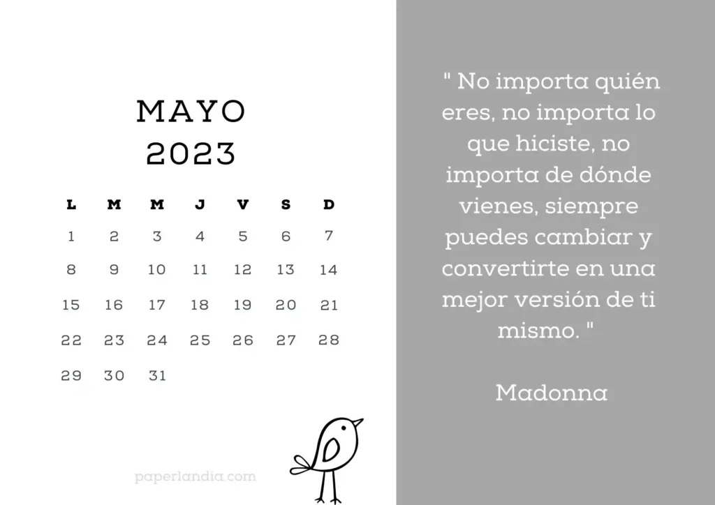 Calendario 2023 horizontal motivacional (fondo gris, mes 5)