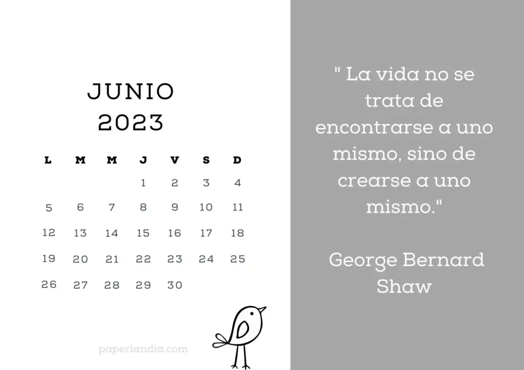 Calendario junio 2023 horizontal motivacional con fondo gris y pajarito
