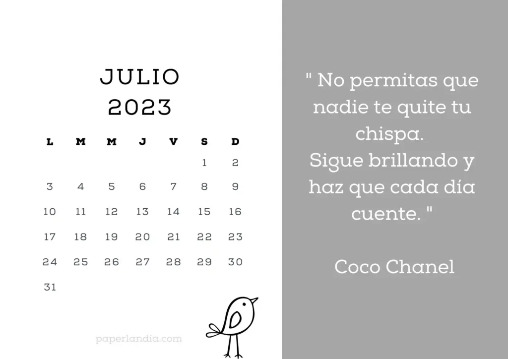 Calendario julio 2023 horizontal motivacional con fondo gris y pajarito