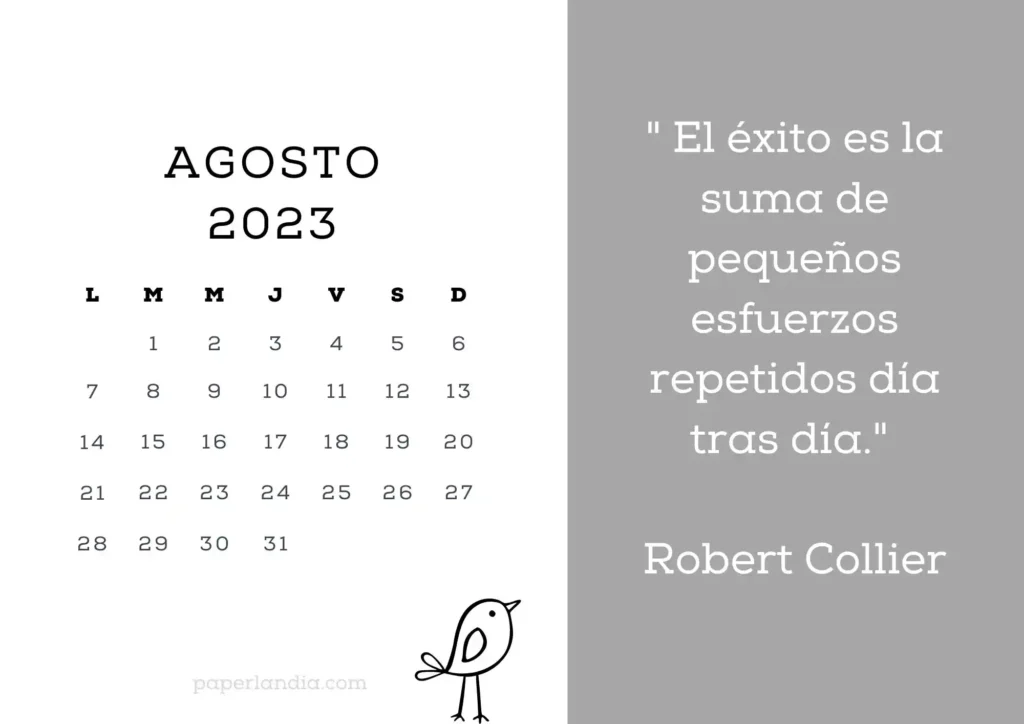 Calendario agosto 2023 horizontal motivacional con fondo gris y pajarito