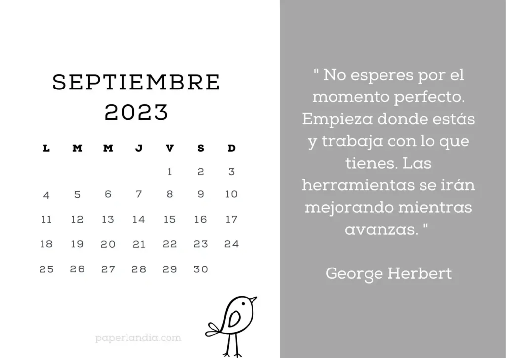 Calendario septiembre 2023 horizontal motivacional con fondo gris y pajarito