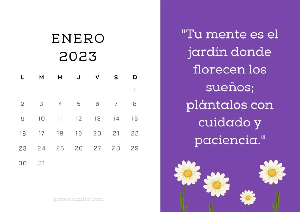 Calendario enero 2023 horizontal motivacional con fondo morado y margaritas para descargar gratis en pdf