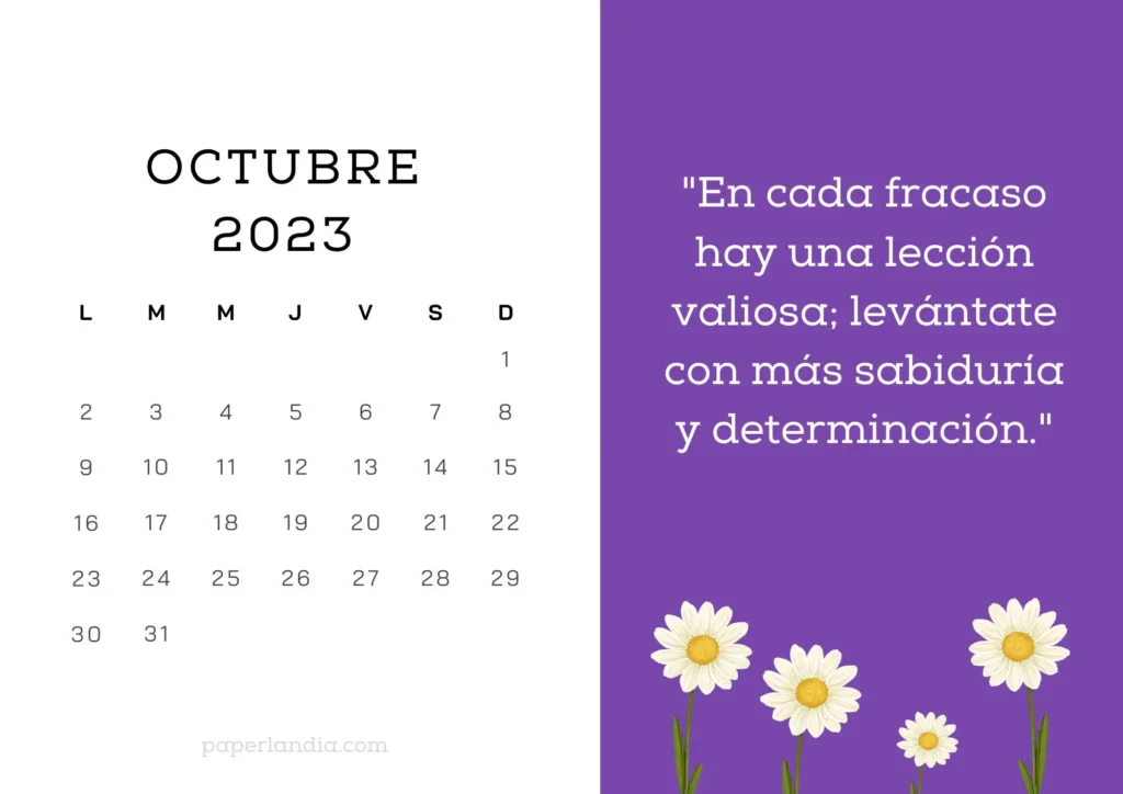 Calendario mensual horizontal motivacional con margaritas y fondo morado