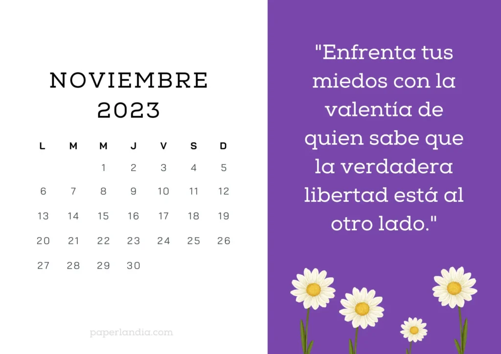 Calendario noviembre 2023 horizontal motivacional con fondo morado y margaritas para descargar gratis en pdf