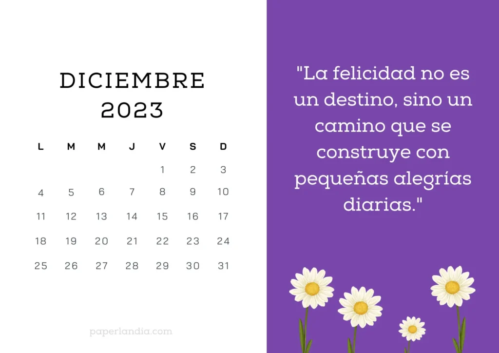 Calendario diciembre 2023 horizontal motivacional con fondo morado y margaritas para descargar gratis en pdf