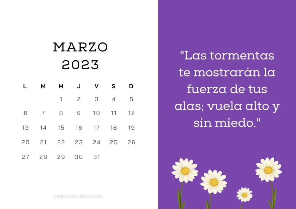 Calendario marzo 2023 horizontal motivacional con fondo morado y margaritas para descargar gratis en pdf