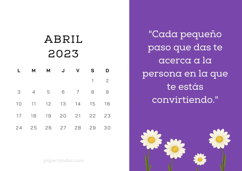 Calendario abril 2023 horizontal motivacional con fondo morado y margaritas para descargar gratis en pdf